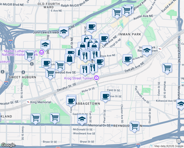 map of restaurants, bars, coffee shops, grocery stores, and more near 11 Skyline Way in Atlanta