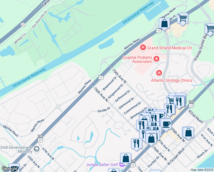 map of restaurants, bars, coffee shops, grocery stores, and more near Briarwood Drive in Myrtle Beach