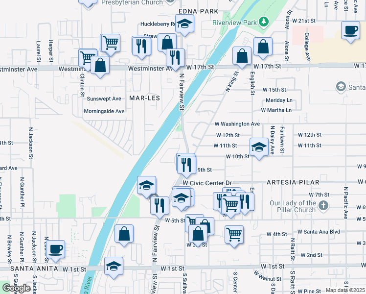 map of restaurants, bars, coffee shops, grocery stores, and more near 1003 Marengo Place in Santa Ana