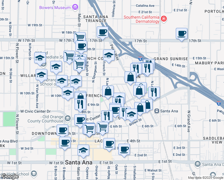 map of restaurants, bars, coffee shops, grocery stores, and more near 919 North Lacy Street in Santa Ana