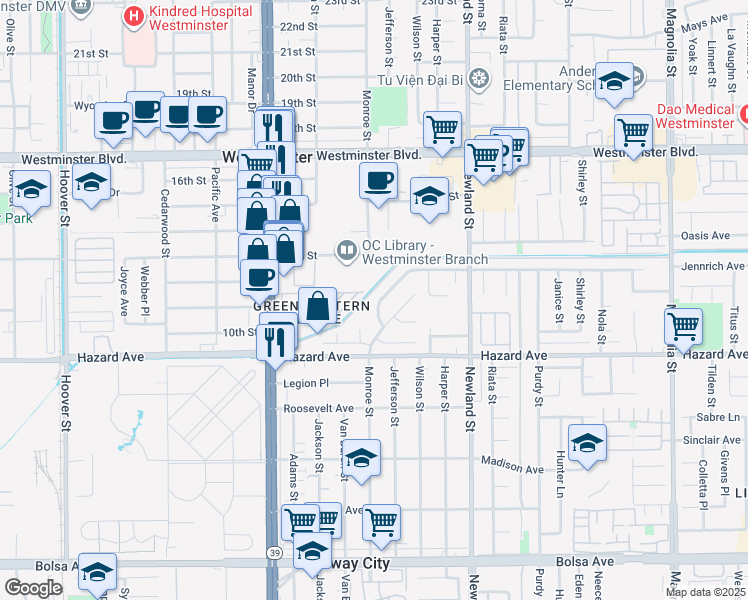 map of restaurants, bars, coffee shops, grocery stores, and more near 14361 Middletown Lane in Westminster