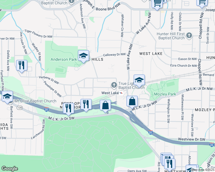 map of restaurants, bars, coffee shops, grocery stores, and more near 1833 Penelope Road Northwest in Atlanta