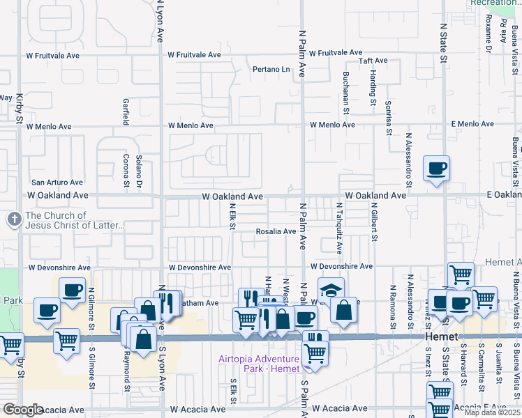 map of restaurants, bars, coffee shops, grocery stores, and more near 1130 Valencia Avenue in Hemet