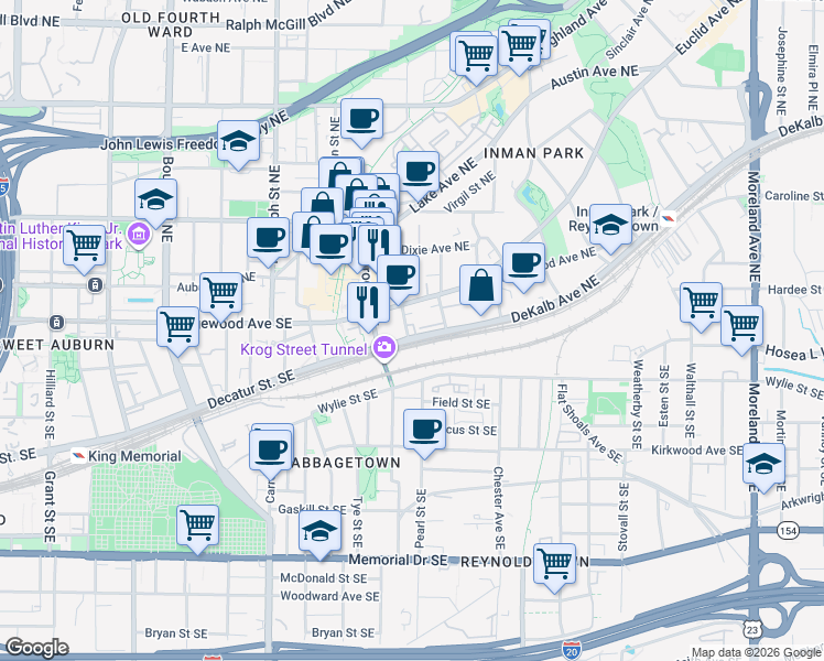 map of restaurants, bars, coffee shops, grocery stores, and more near 30 Waddell Street Northeast in Atlanta