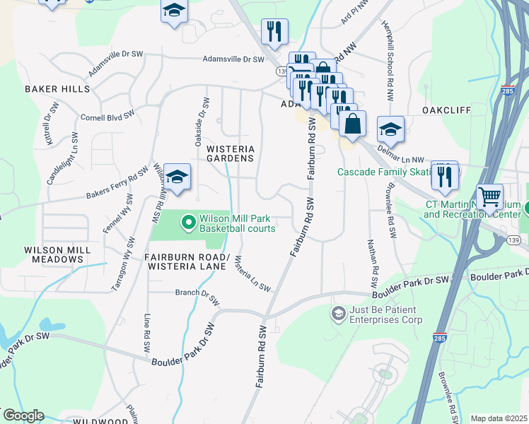 map of restaurants, bars, coffee shops, grocery stores, and more near 3687 Dover Boulevard Southwest in Atlanta