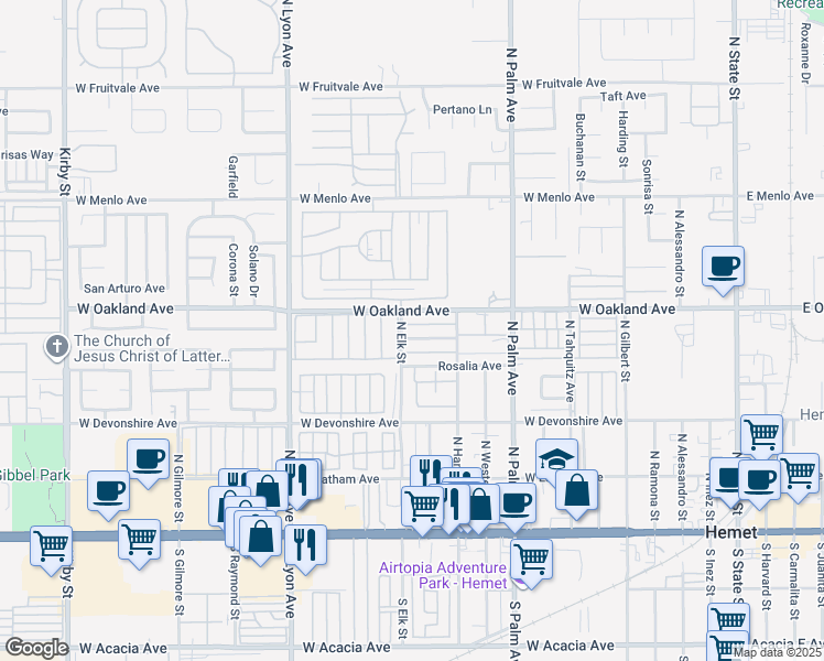 map of restaurants, bars, coffee shops, grocery stores, and more near 1270 Valencia Avenue in Hemet