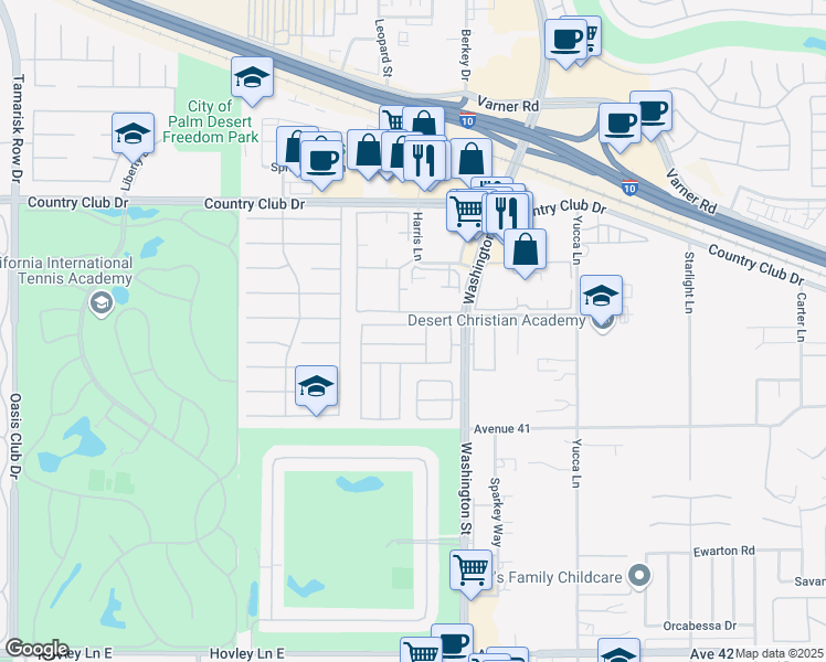 map of restaurants, bars, coffee shops, grocery stores, and more near 77895 Chandler Way in Palm Desert