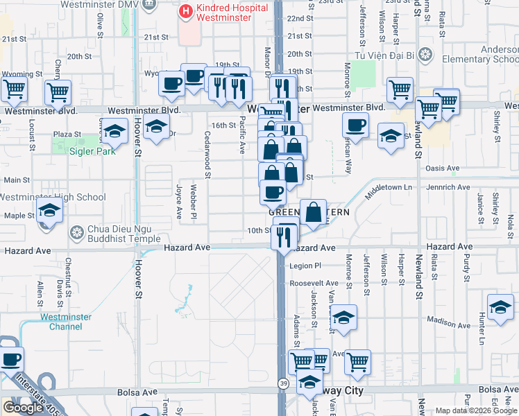 map of restaurants, bars, coffee shops, grocery stores, and more near 7872 12th Street in Westminster