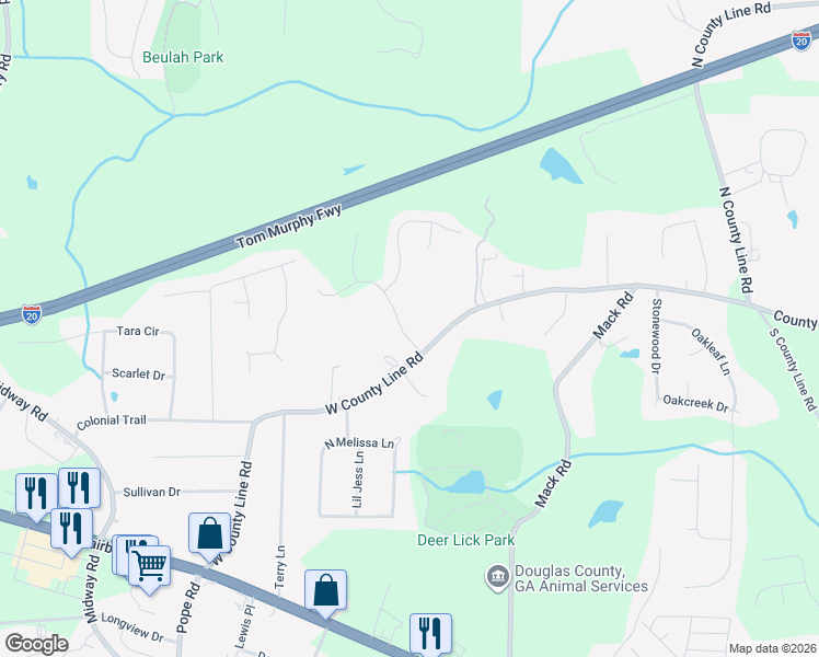 map of restaurants, bars, coffee shops, grocery stores, and more near 1900 September Way in Douglasville