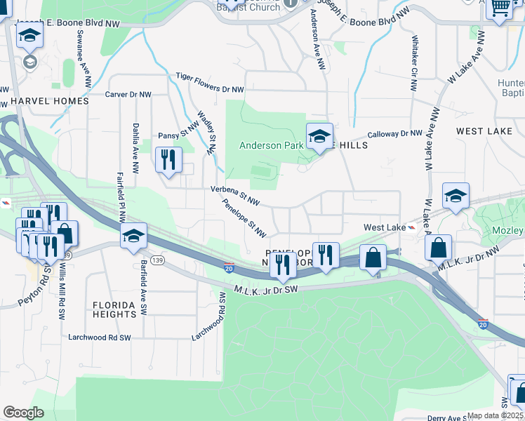 map of restaurants, bars, coffee shops, grocery stores, and more near 2068 Verbena Street Northwest in Atlanta