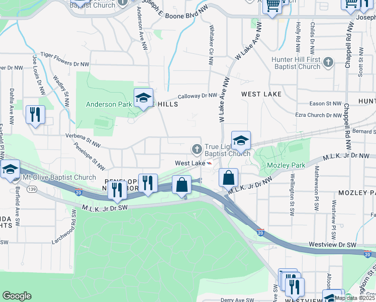map of restaurants, bars, coffee shops, grocery stores, and more near 1833 Penelope Road Northwest in Atlanta