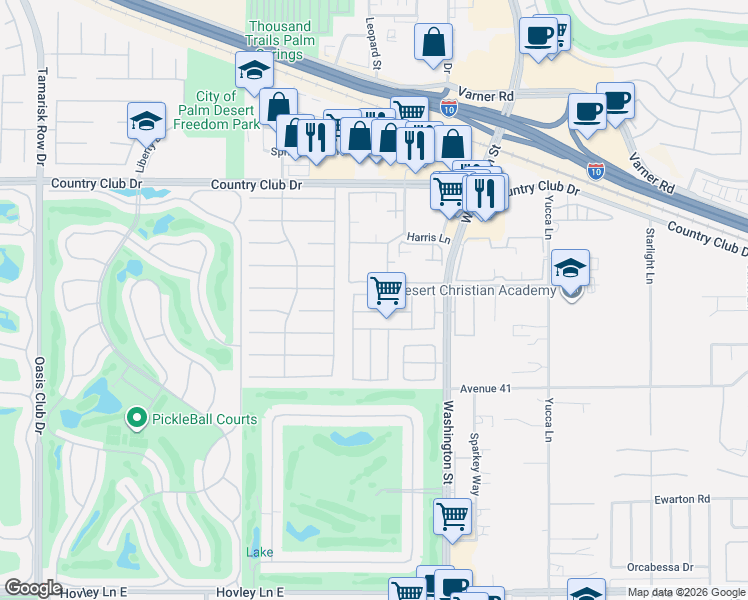 map of restaurants, bars, coffee shops, grocery stores, and more near 77823 Chandler Way in Palm Desert