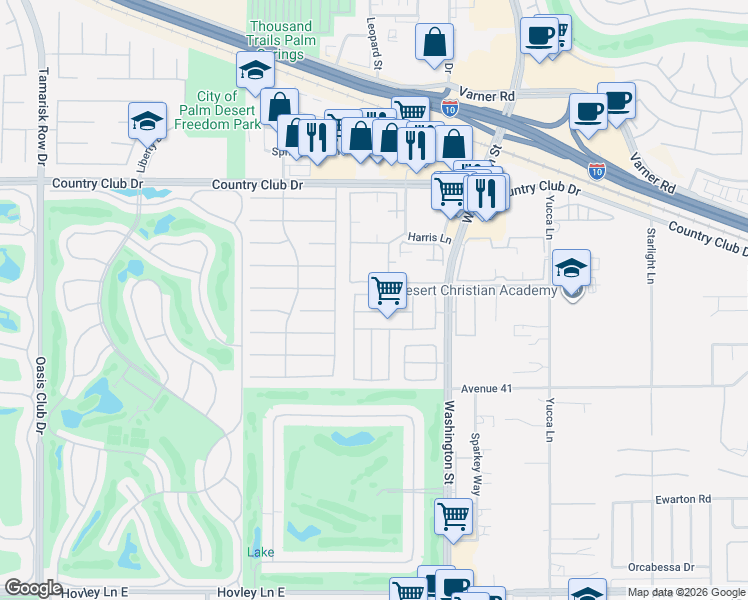 map of restaurants, bars, coffee shops, grocery stores, and more near 77823 Chandler Way in Palm Desert