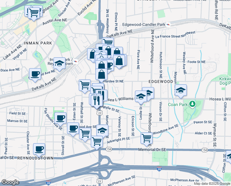 map of restaurants, bars, coffee shops, grocery stores, and more near 34 Sanderson Street Northeast in Atlanta