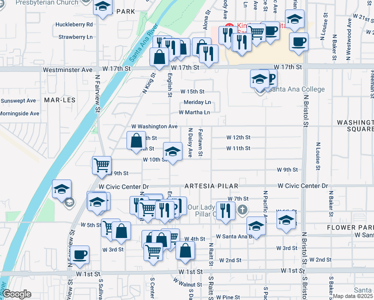 map of restaurants, bars, coffee shops, grocery stores, and more near 1014 North Daisy Avenue in Santa Ana