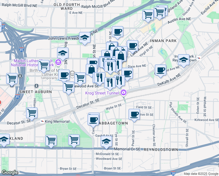 map of restaurants, bars, coffee shops, grocery stores, and more near 670 DeKalb Avenue Northeast in Atlanta