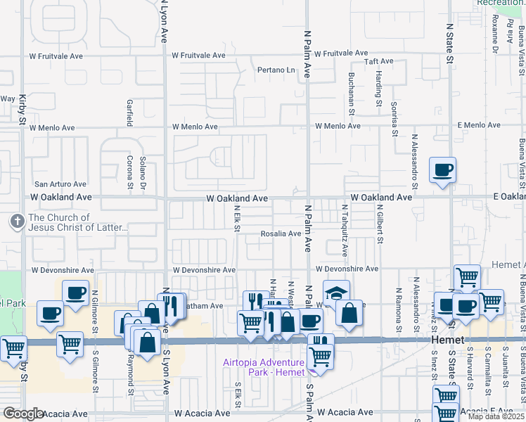 map of restaurants, bars, coffee shops, grocery stores, and more near 1150 Valencia Avenue in Hemet