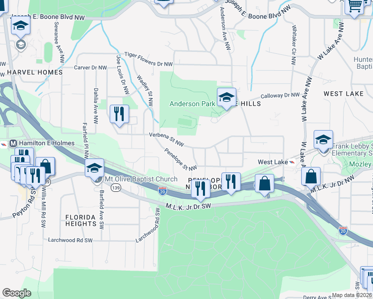 map of restaurants, bars, coffee shops, grocery stores, and more near 2073 Verbena Street Northwest in Atlanta
