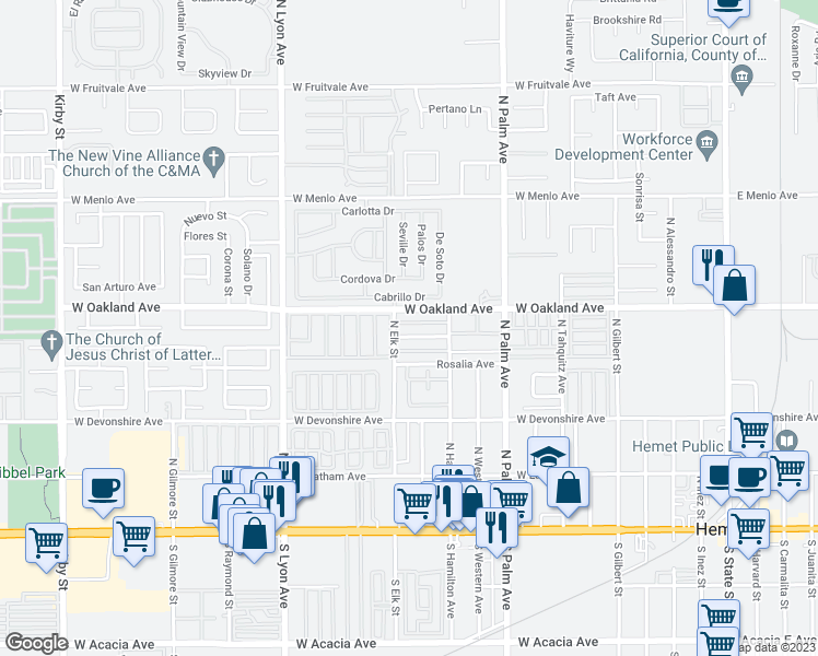 map of restaurants, bars, coffee shops, grocery stores, and more near 1250 Valencia Avenue in Hemet