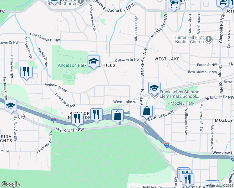 map of restaurants, bars, coffee shops, grocery stores, and more near 1869 Penelope Road Northwest in Atlanta