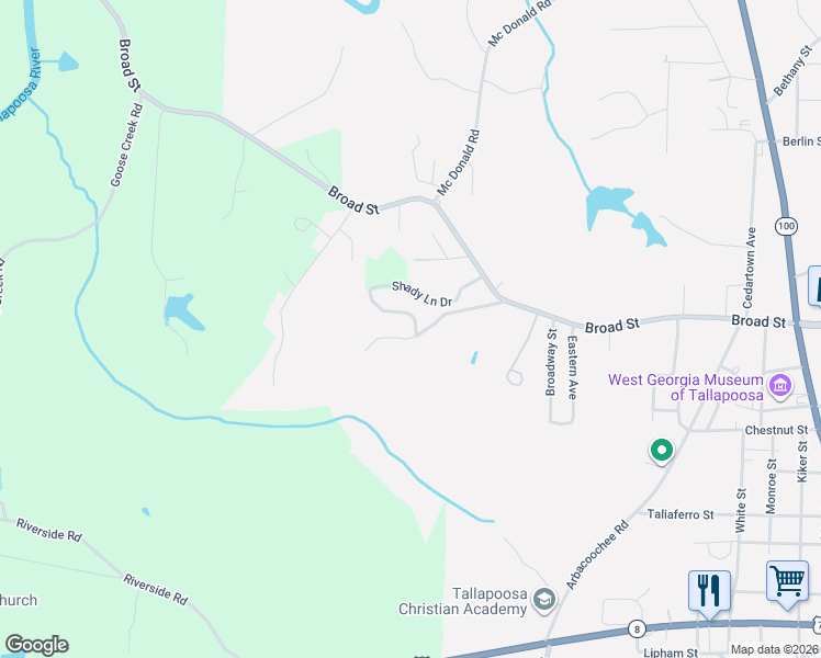 map of restaurants, bars, coffee shops, grocery stores, and more near 34 Blue Bird Lane in Tallapoosa