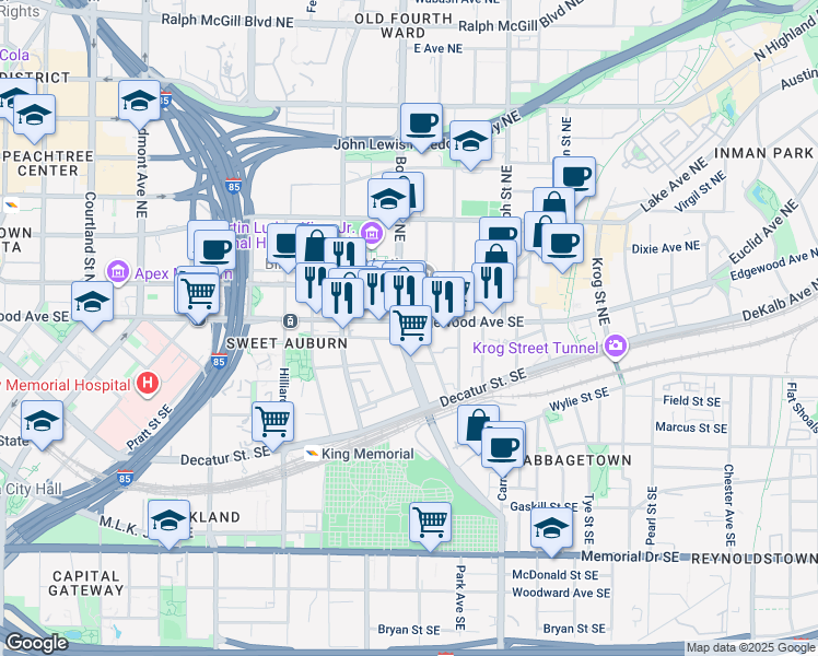 map of restaurants, bars, coffee shops, grocery stores, and more near 476 Edgewood Avenue Southeast in Atlanta