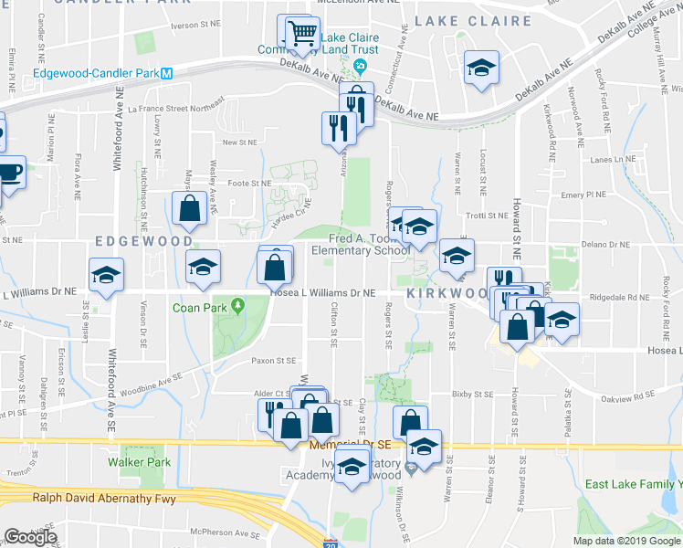 map of restaurants, bars, coffee shops, grocery stores, and more near 23 Clifton Street Northeast in Atlanta