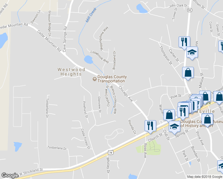 map of restaurants, bars, coffee shops, grocery stores, and more near 7007 Branch Crossing Way in Douglasville