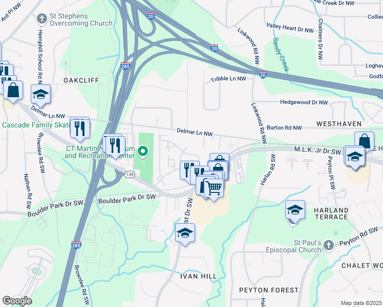 map of restaurants, bars, coffee shops, grocery stores, and more near 3133 Hickman Drive Northwest in Atlanta