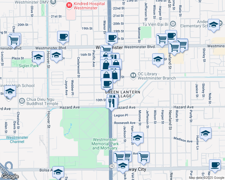 map of restaurants, bars, coffee shops, grocery stores, and more near 14352 Beach Boulevard in Westminster