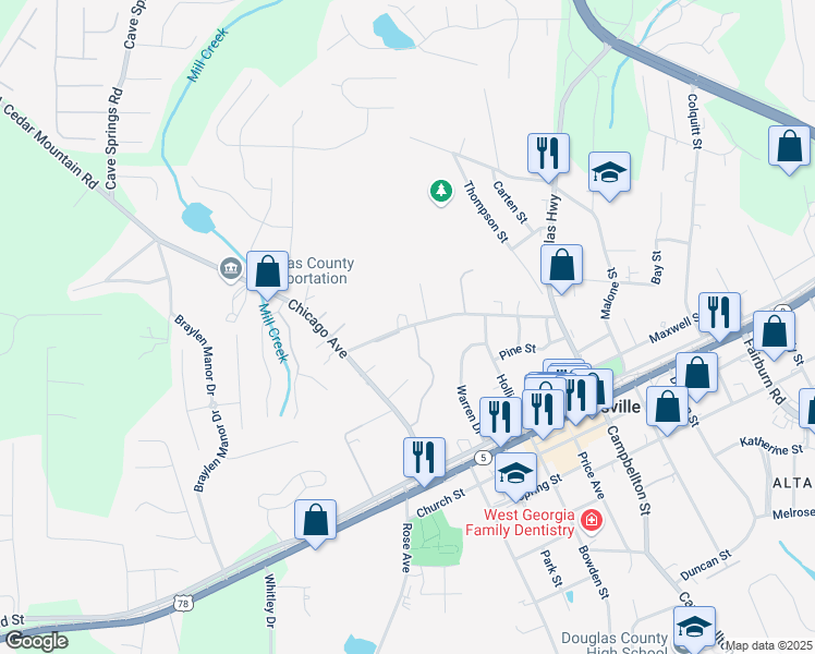 map of restaurants, bars, coffee shops, grocery stores, and more near 6811 James D. Simpson Avenue in Douglasville