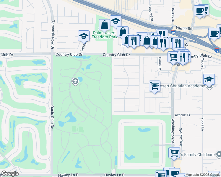 map of restaurants, bars, coffee shops, grocery stores, and more near 40541 Preston Trail in Palm Desert