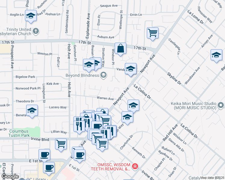map of restaurants, bars, coffee shops, grocery stores, and more near 14362 Mervyn Place in Tustin