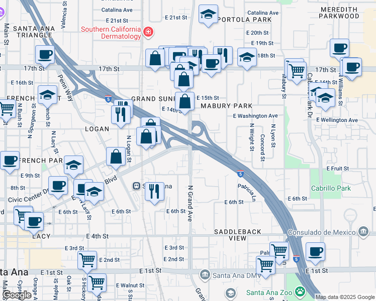 map of restaurants, bars, coffee shops, grocery stores, and more near 1046 North Grand Avenue in Santa Ana