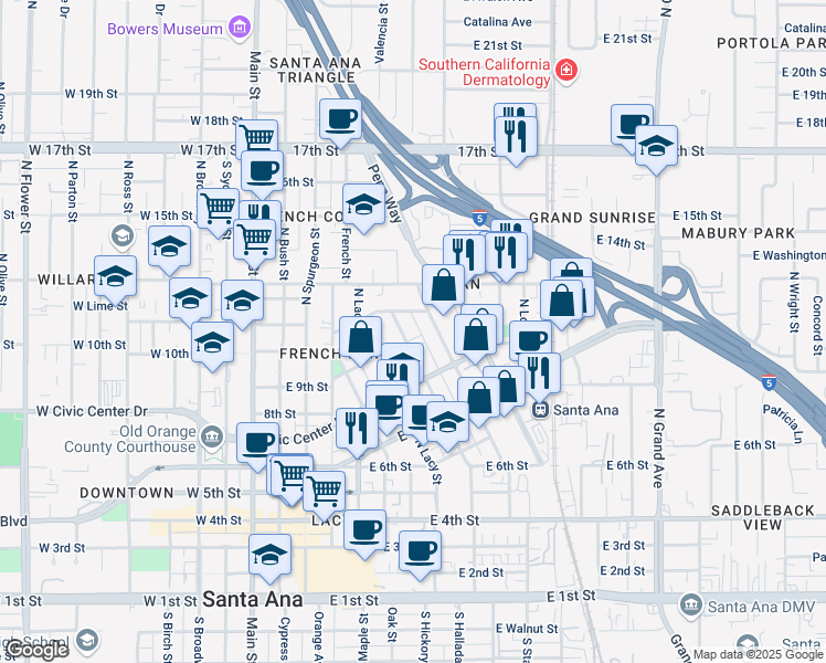 map of restaurants, bars, coffee shops, grocery stores, and more near 920 Poinsettia Street North in Santa Ana