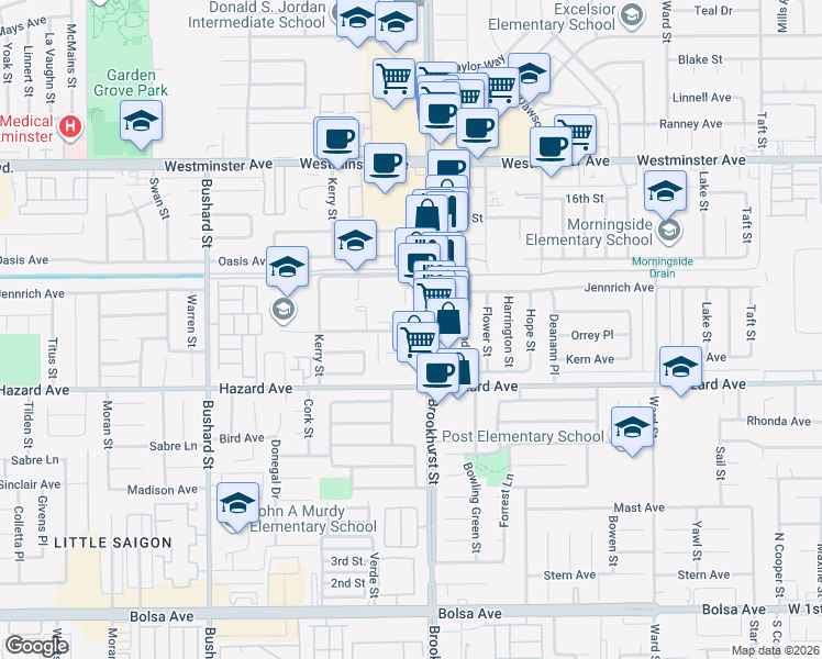 map of restaurants, bars, coffee shops, grocery stores, and more near 9961 11th Street in Garden Grove