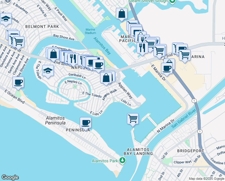 map of restaurants, bars, coffee shops, grocery stores, and more near 5916 East Naples Plaza in Long Beach
