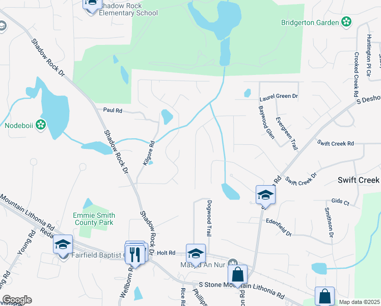 map of restaurants, bars, coffee shops, grocery stores, and more near 6134 Silver Spur Drive in Lithonia