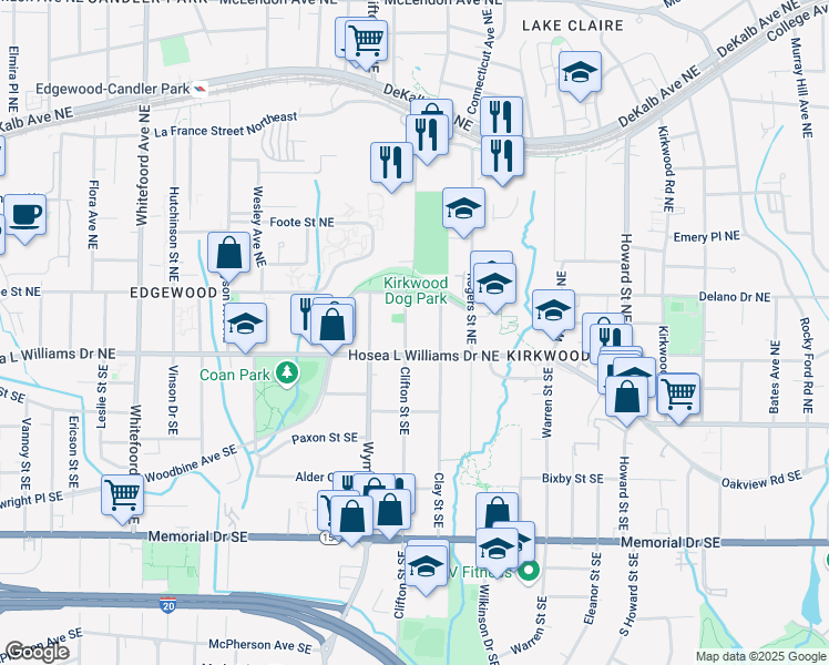 map of restaurants, bars, coffee shops, grocery stores, and more near 23 Clifton Street Northeast in Atlanta