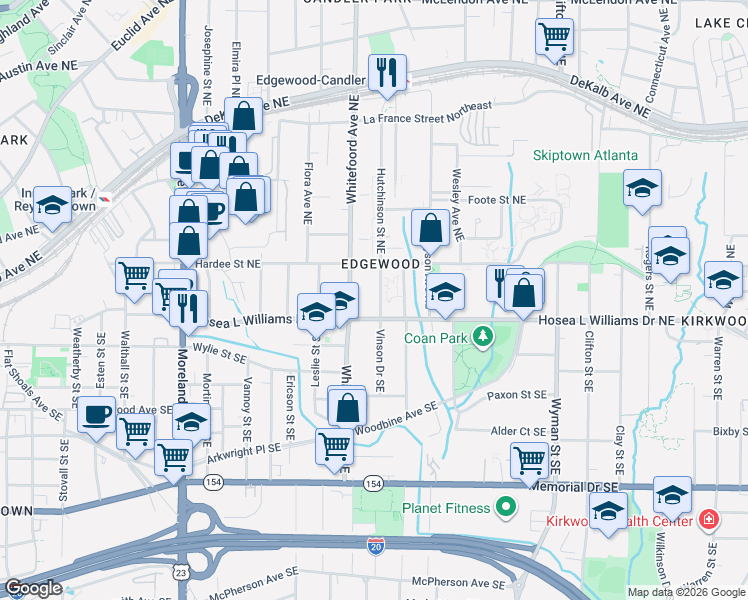 map of restaurants, bars, coffee shops, grocery stores, and more near 3739 Hutchinson Street Northeast in Atlanta