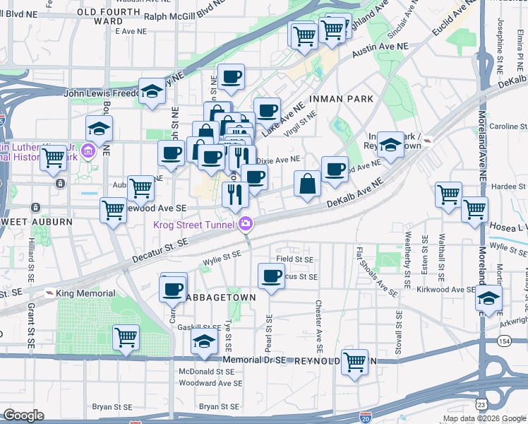 map of restaurants, bars, coffee shops, grocery stores, and more near 30 Waddell Street Northeast in Atlanta