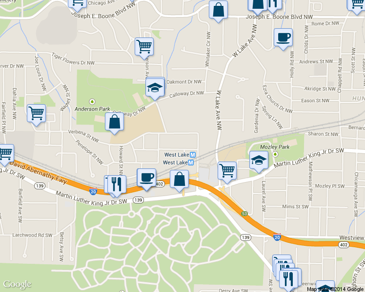 map of restaurants, bars, coffee shops, grocery stores, and more near 1833 Penelope Road Northwest in Atlanta