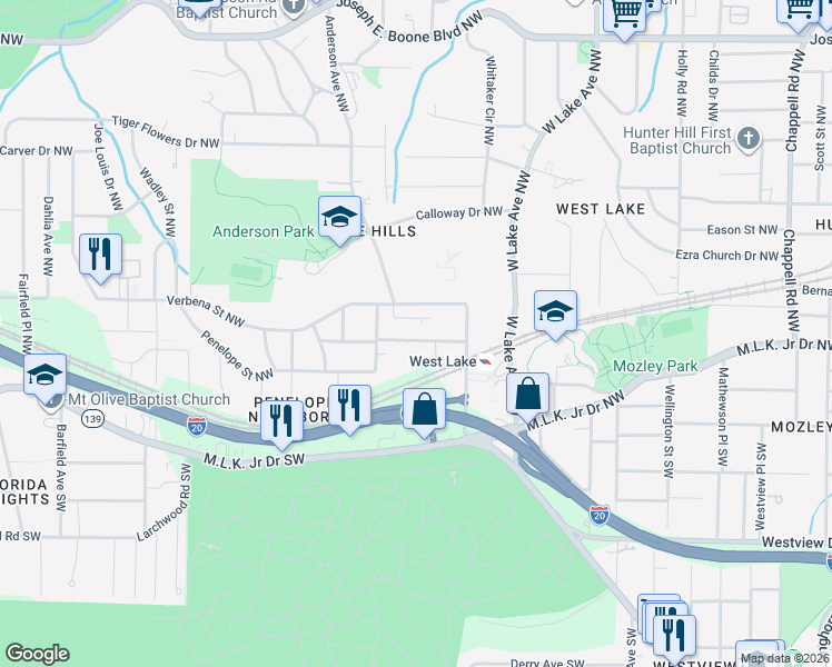 map of restaurants, bars, coffee shops, grocery stores, and more near 1869 Penelope Road Northwest in Atlanta