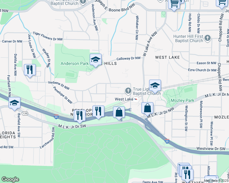map of restaurants, bars, coffee shops, grocery stores, and more near 1869 Penelope Road Northwest in Atlanta