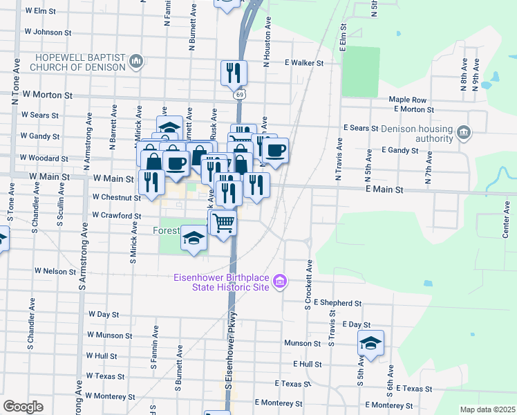 map of restaurants, bars, coffee shops, grocery stores, and more near 117 South Houston Avenue in Denison