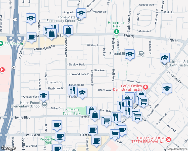 map of restaurants, bars, coffee shops, grocery stores, and more near 18041 Norwood Park Place in Tustin