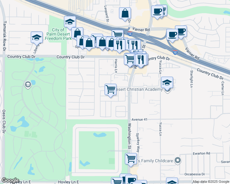map of restaurants, bars, coffee shops, grocery stores, and more near 77895 Chandler Way in Palm Desert
