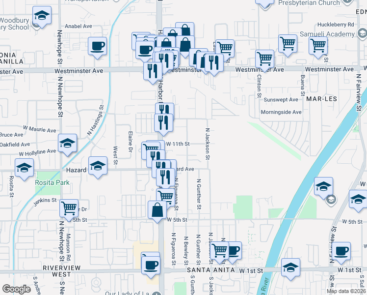 map of restaurants, bars, coffee shops, grocery stores, and more near 3617 West 11th Street in Santa Ana