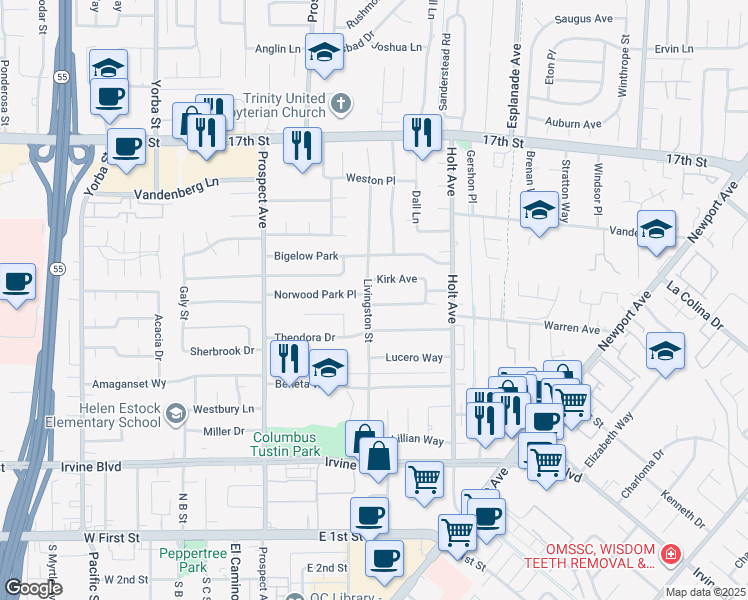 map of restaurants, bars, coffee shops, grocery stores, and more near 18041 Norwood Park Place in Tustin