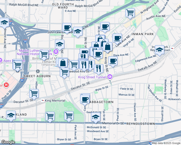 map of restaurants, bars, coffee shops, grocery stores, and more near in Atlanta